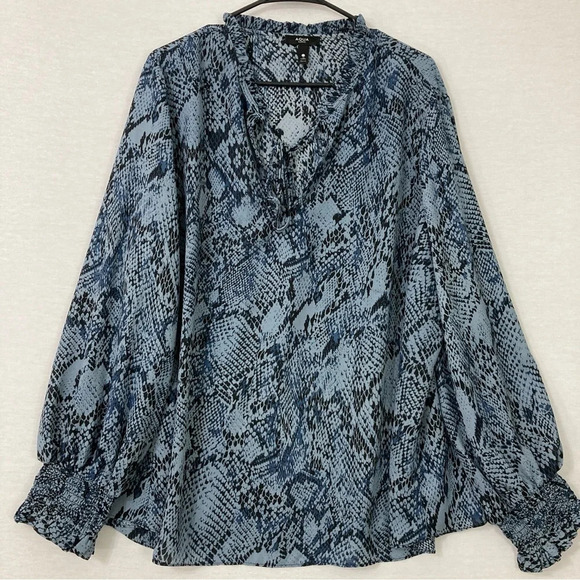 Aqua Curve Blue Animal Print Tie Front Long Puff Sleeve Blouse 3X - Picture 1 of 9